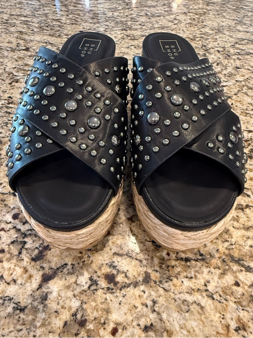 ShuShop Black Studded Espadrille Platform Sandals